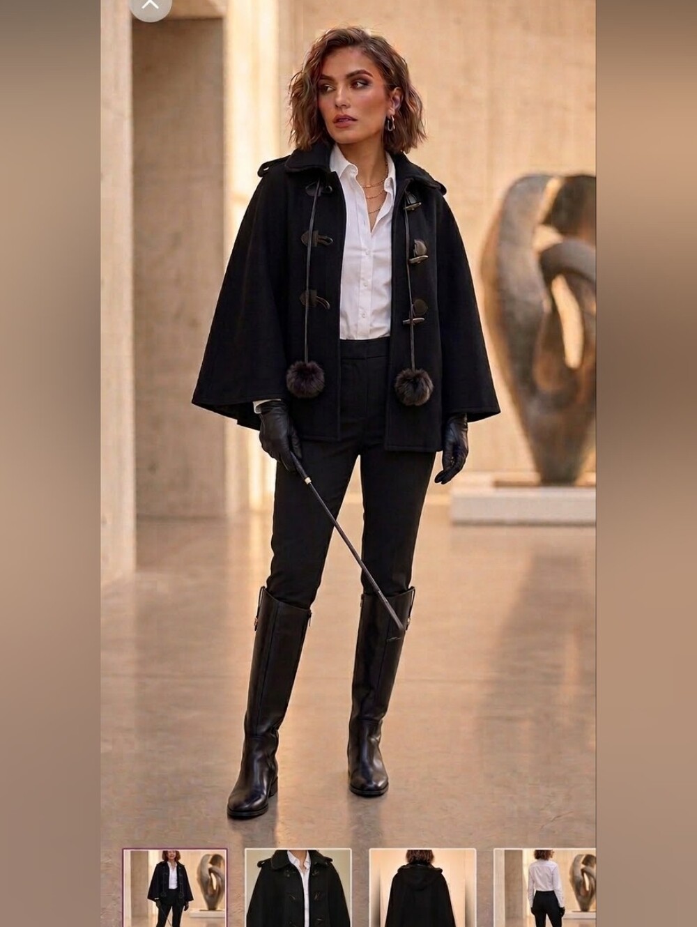 Rinascimento Elegant Black Cape with Fur Detail S